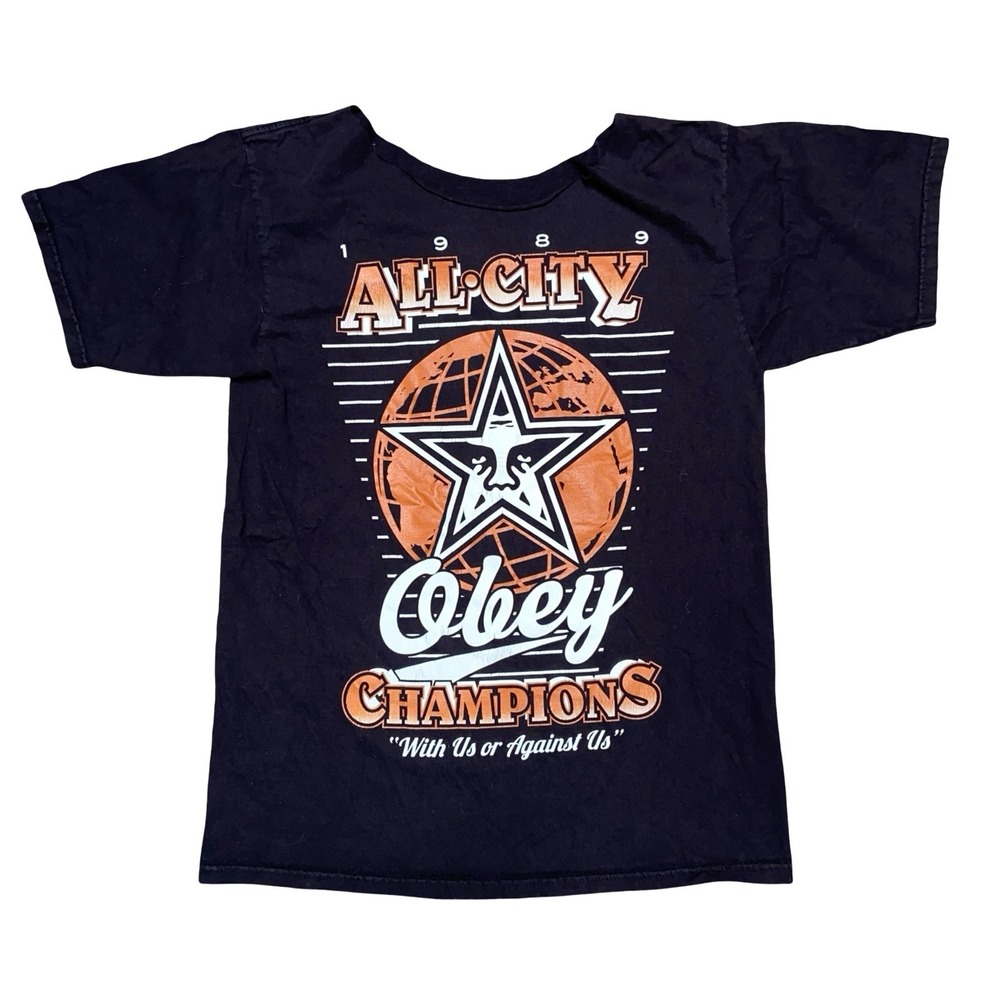 OBEY All-City Champions 1989 Graphic T-Shirt Men's M Black Chopped Neck